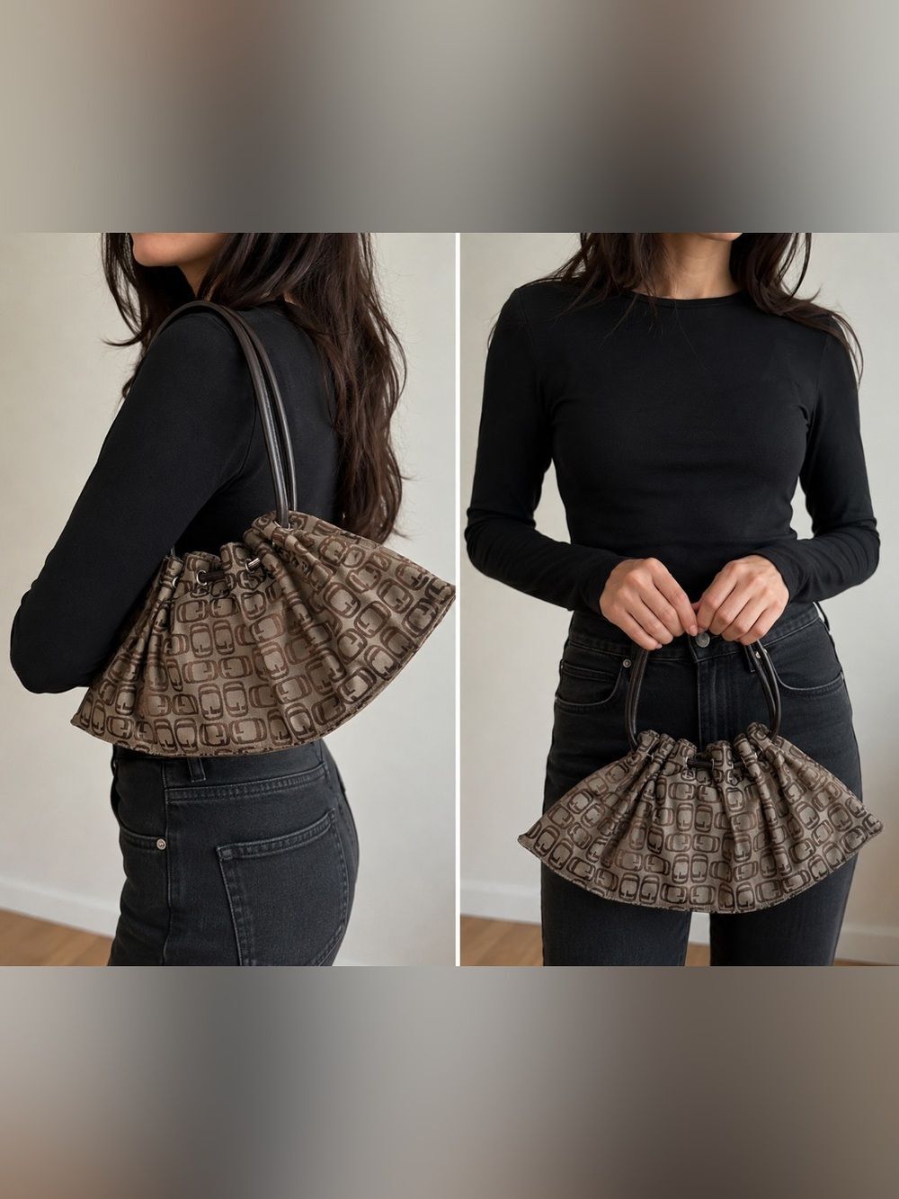 Luxury Canvas Leather Shoulder Handbag Purse Brown Beige Vegan Leather Strap
